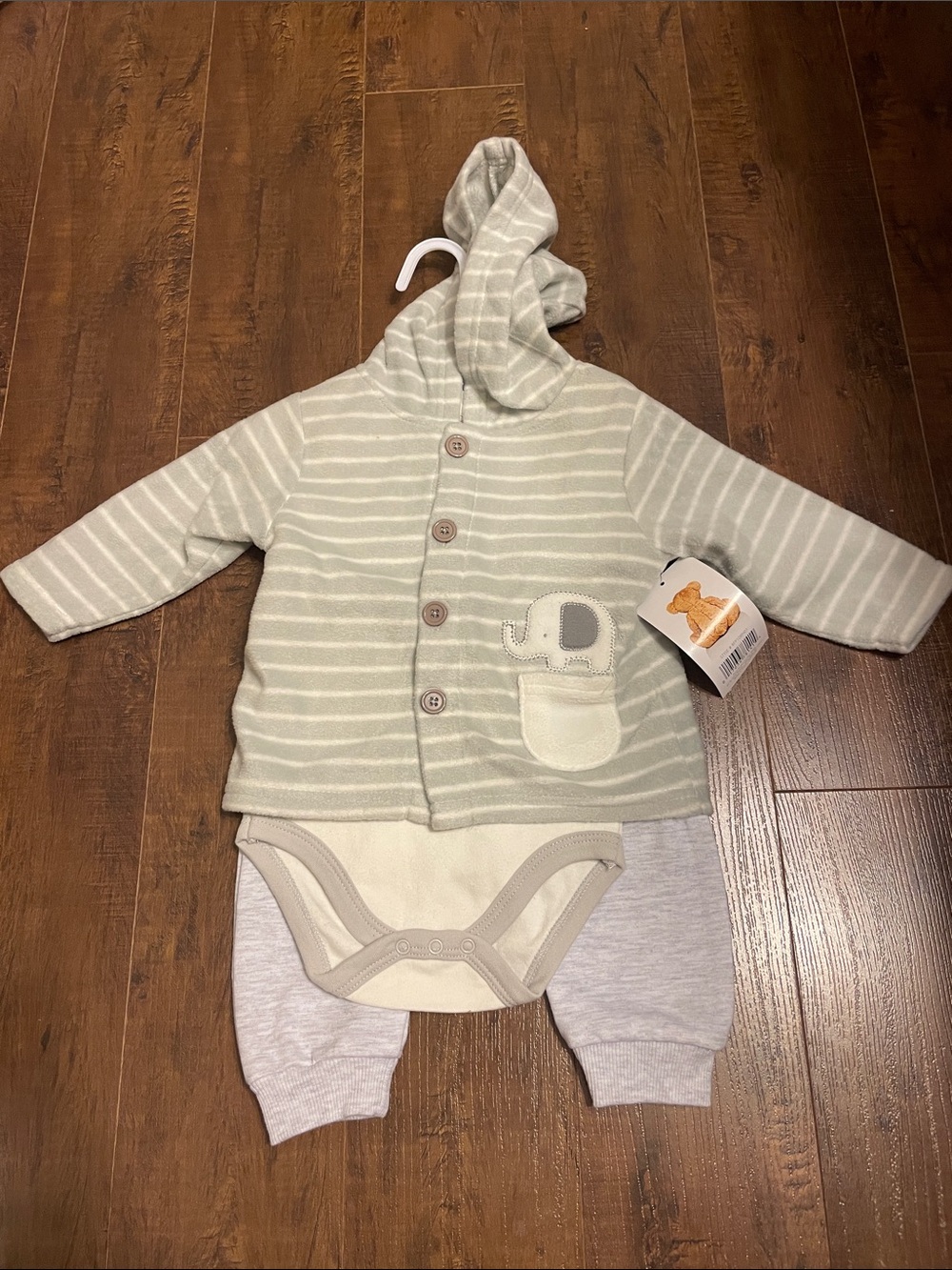 Rene Rofe baby Gray & Cream Striped Hooded Baby Set with Elephant Accent